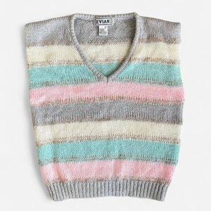 Vintage Evian Ltd. Pastel Pink Blue Grey White Acrylic Wool Knit Sweater Vest